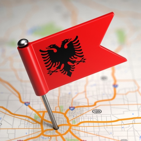 Albanian flag on map, mostphotos